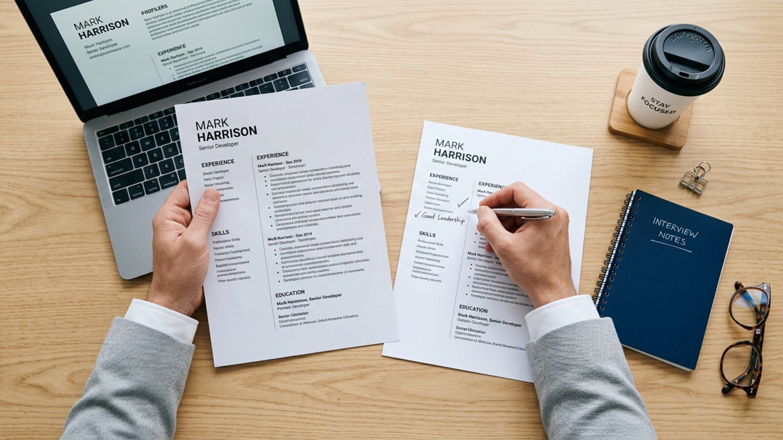 Two printed resume layouts laid side by side on a desk while a recruiter compares them