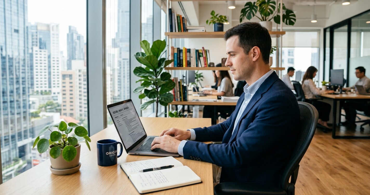 Job seeker writing a professional resume on a laptop at a sunlit desk