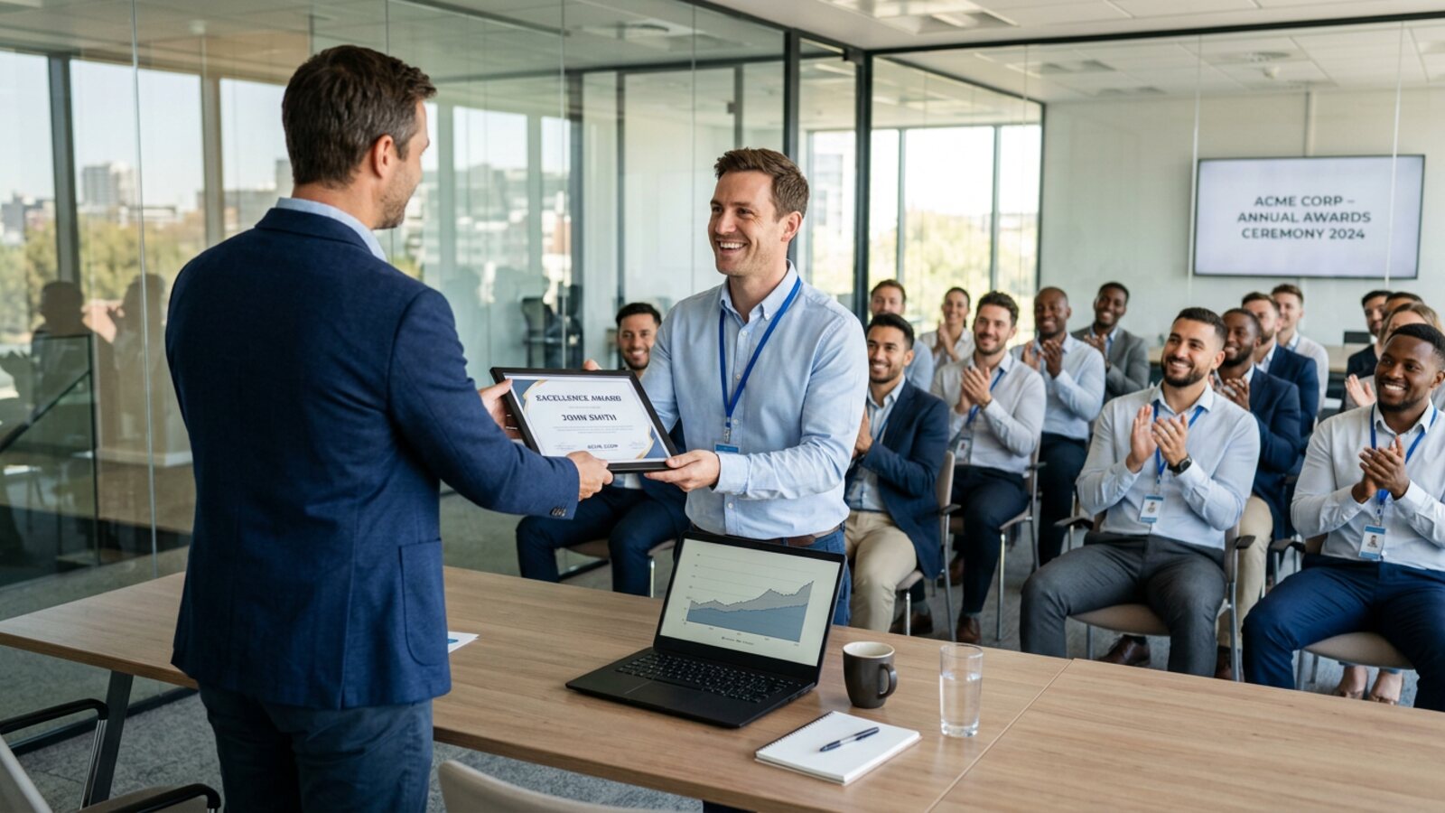 Professional receiving a framed certificate at a corporate training event