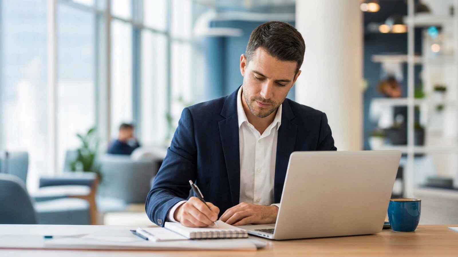 Professional writing a resume summary in a notebook beside a laptop