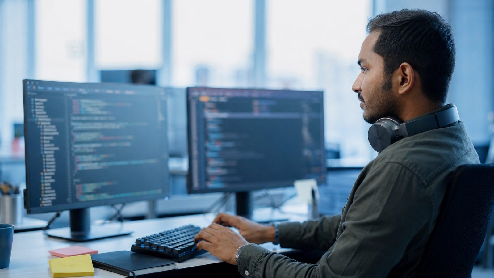Software engineer working at a dual-monitor setup in a modern office